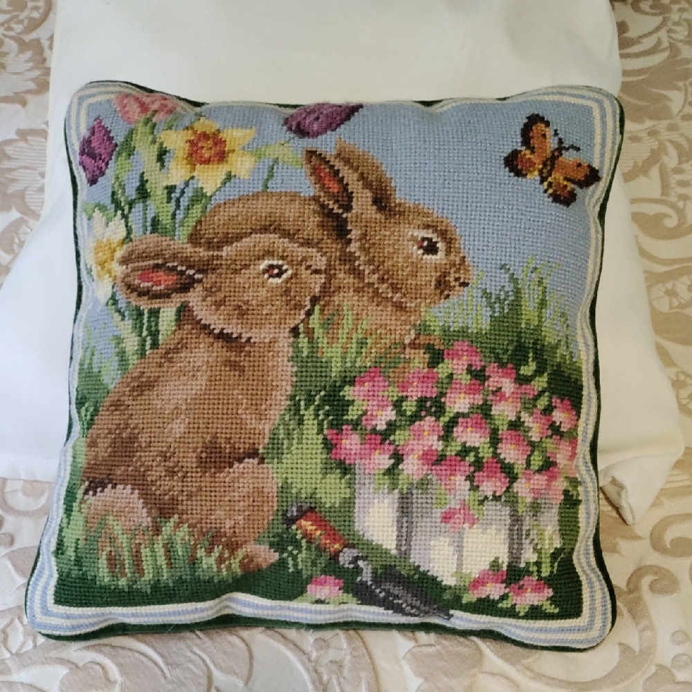 Floral Bunny Needlepoint Pillow